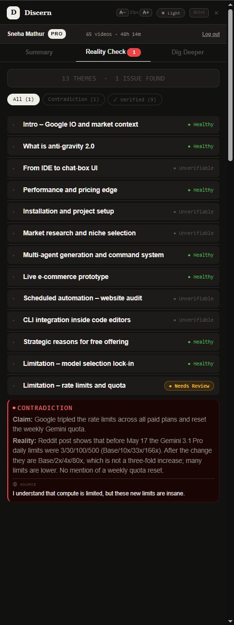 Discern Reality Check tab — claim verification with Healthy / Unverifiable / Contradiction states